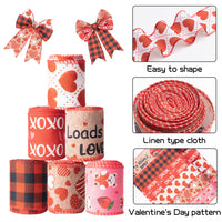 3sscha 6 Rolls Valentine Wired Edge Ribbons Loads of LOVE XOXO Bear Heart 2.5in x 30 Yards Romance Red Black Grid Wrapping Ribbon for Valentine's Day Wedding Anniversary Proposal Marriage Decorations