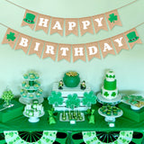 3sscha 2Pcs St.Patrick's Day Happy Birthday Banner Lucky Clover Linen Banner Hat Spring Celebrate Hanging Decor Outdoor Burlap Bunting Flag Photo Props Backdrop for Indoor Party Favor Supplies
