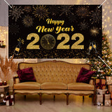 3sscha 2022 Happy New Year Backdrop Banner Black and Golden Firework Photo Props Polyester Wall Hanging Background Flag for Winter Christmas Happy New Year Eve Party Decoration Supplies 48.3*78.7inch