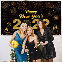 3sscha 2022 Happy New Year Backdrop Banner Black and Golden Firework Photo Props Polyester Wall Hanging Background Flag for Winter Christmas Happy New Year Eve Party Decoration Supplies 48.3*78.7inch