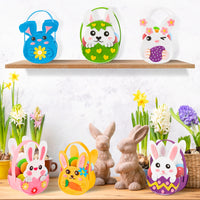 3sscha 6Pcs Easter Baskets for Kid, Spring Felt Animal Bunny Tote Bags with Handle for Easter Egg Hunting, Rabbit Reusable Gift Bags Storage with Flower Carrot, Spring Party Favors Decoration