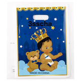 3sscha 50Pcs Royal Prince Party Favor Bags for Baby Boy Blue Waterproof African American Cutie Prince Goodie Bag with Die Cut Handles Plastic Candy Gift Bags for Birthday Baby Shower Decor Supplies